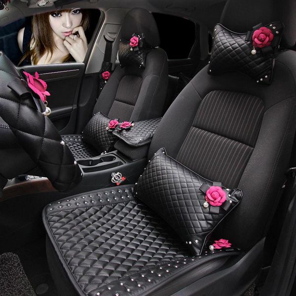 

seat cushions cute rose flower car interior decoration leather crystal auto neck pillow handbrake gears shift cover belt case accessories