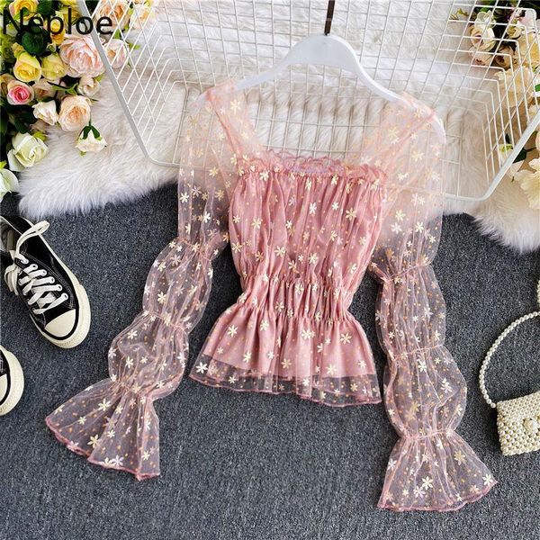 

neploe women chiffon blouse floral mesh puff long sleeve square collar shirt 2021 autumn korean slim short ruffle blusas 4e281, White