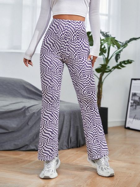 

petite geo print high waist flare leg pants h3jp#, Black;white