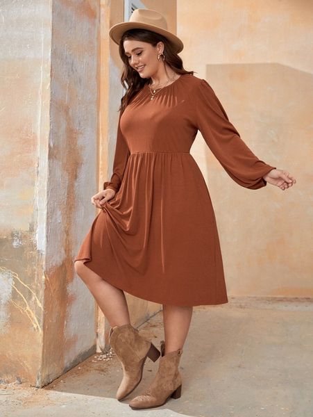 

plus hidden pocket solid dress m7ni#, Black
