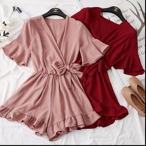 

women rompers casual wide leg pants overalls short sleeve v neck solid playsuits summer beach chiffon ruffle jumpsuits, Black;white