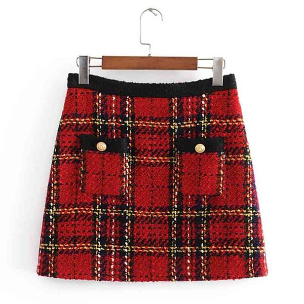 

chic pockets buttons tweed skirts women fashion casual plaid skirt elegant ladies a line mini faldas 210531, Black