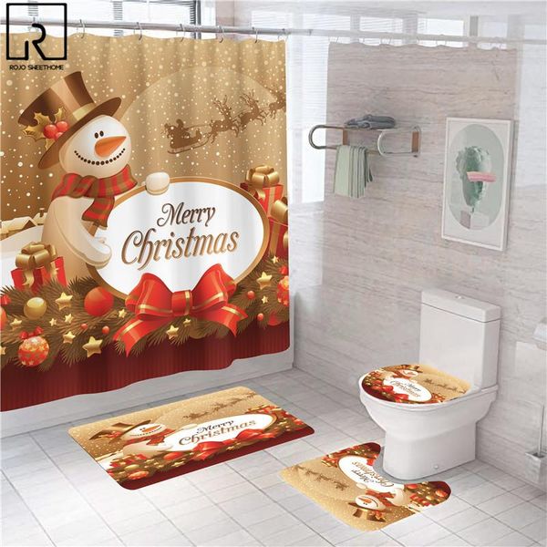 

shower curtains merry christmas golden snowman polyester curtain 4pcs set 3pcs bath mat toilet lid cover rugs anti-slip soft carpets home