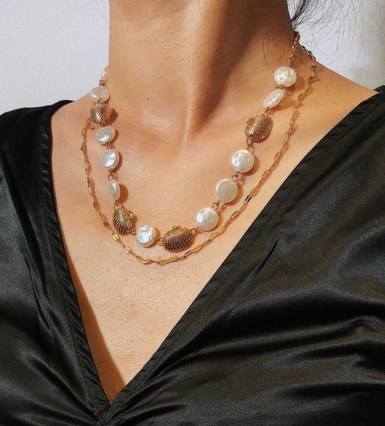 

jewelry versatile simple creative necklace temperament ocean wind geometric scallop pearl neck chain, Silver