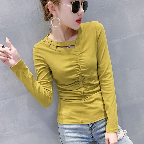 

2021 new fall winter korean style t-shirt fashion solid v-neck drape asymmetry women ropa mujer slim bottoming shirt tees t08915l zpea, White