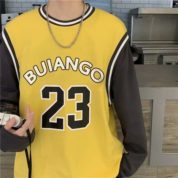 

fake two-piece long sleeve t-shirt men's spring and autumn fashion letter pullover hip hop wide pine ball jacket bf sweater, Gray