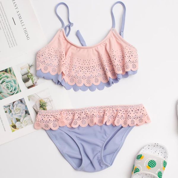 

summer falbala kids girls bikinis hollow out kids swimsuit swimwear solid children biquini infantil bathing suit girls swimwear