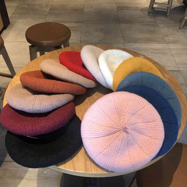 

12 colors autunm winter wool women retro knit girl style british painter beret hat fashion, Blue;gray