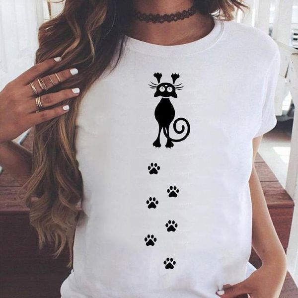 

graphic printing fashion cat paw womens t shirts funny animal short sleeve cartoon summer print female clothes tees shirt, White