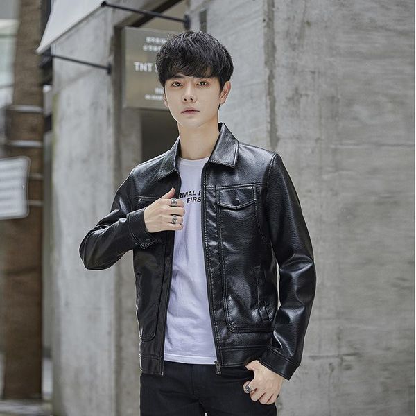 

men's jackets fashion double chest pocket leather jacket youth lapel single-breasted motorcycle outerwear warm fleece faux coat, Black;brown