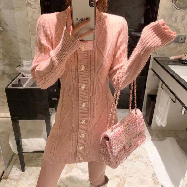 

casual dresses 2021 spring autumn single-breasted women's buttons cardigan small fragrance wind temperament slim was thin knit mini dre, Black;gray