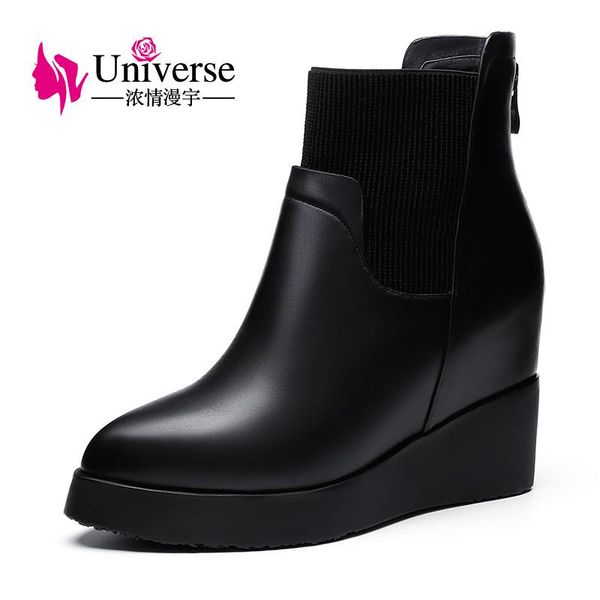 

boots universe wedge heel genuine leather ankle warm short plush insole solid rubber black winter women shoes c198