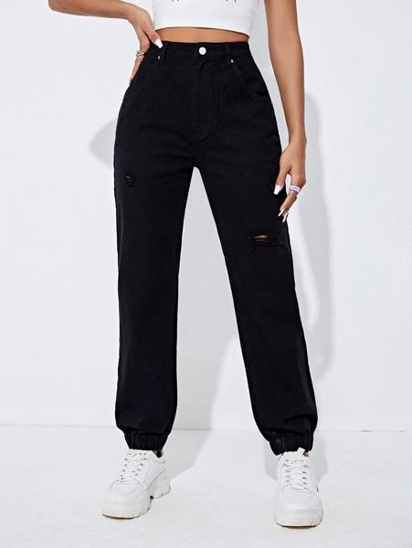 

high waist ripped frayed jogger pants l0mz#, Black;white