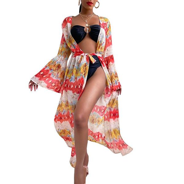

women's swimwear maxi dress women fashion flare sleeve loose bikini robes summer print elegant open stitch beach swimsuit cover up, White;black