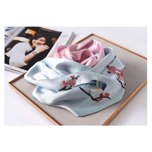 

hats, scarves & gloves sets silk scarf, mulberry suzhou embroidery, double layer hand-embroidered long shawl gift box 005, Blue;gray