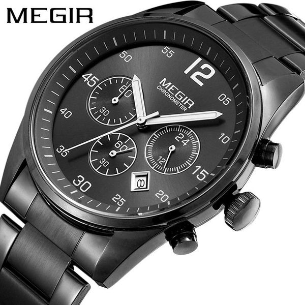 

wristwatches megir fashion simple luxury fake three eyes dial with calendar leisure sports waterproof quartz steel band wat relogio masculin, Slivery;brown