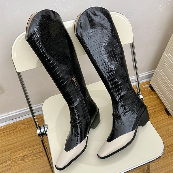 

cow leather women boots square toe zip footwear high heels female boots knee high riding shoes woman winter 2021 new black