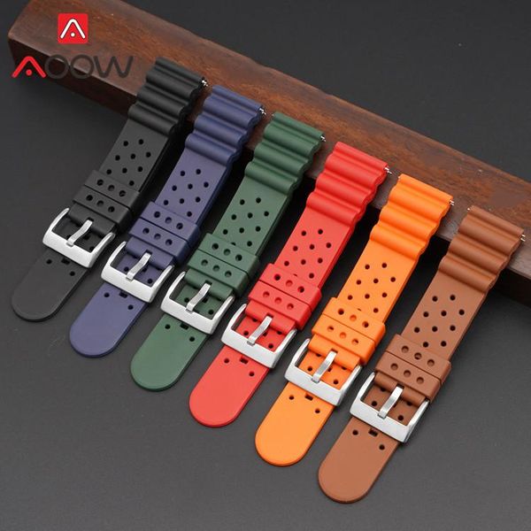 

watch bands fluoro rubber sport strap 20mm 22mm 24mm 304 stainless steel buckle breathable waterproof men replacement band accessories, Black;brown