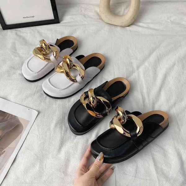 

summer slippers women cork women's big gold chain platform mules sandals and wholesale flat flip flops, Black