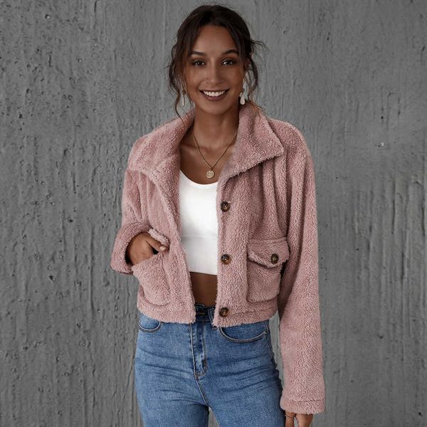 

fall winter women short imitation bont party clothing revers nek warm side pocket long mouw jacket, Black;brown