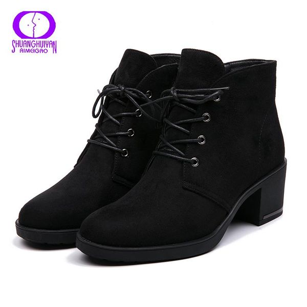 

boots aimeigao 2021 flock warm female winter high square heels ankle woman short plush black shoes women zipper platform