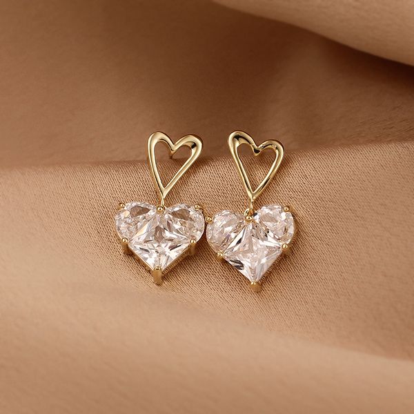 

new trendy dazzling diamond heart pendant studs ear charm lady gold color hollow out earrings jewelry unusual gifts for women girls afshor, Golden