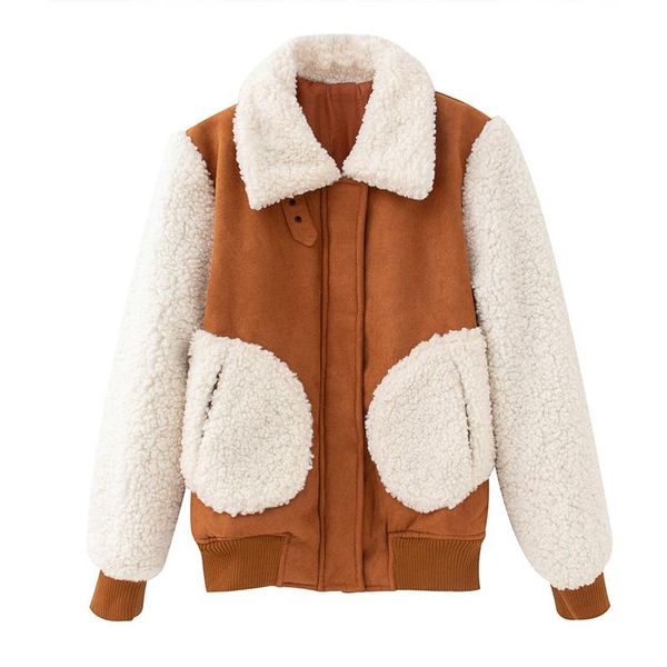 

women sweet suede warm jackets coats 2021 autumn winter long sleeve patchwork cashmere female street jacket outerwear clothing, Black;brown