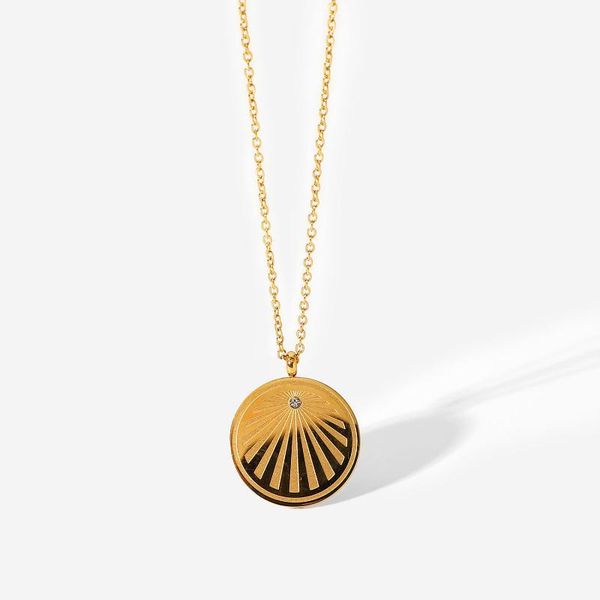

pendant necklaces 18k gold sunlight round disc necklace with zircon cz stone dainty winter sweater chain stainless steel fashion jewelry, Silver