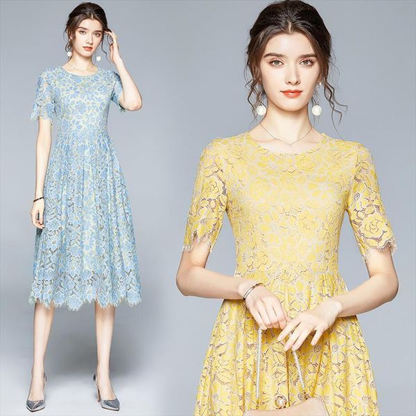 

summer fashion hollow out womens dresses a line casual elegant midi floral lace dress vestidos jurk dames sg0721, Black;gray
