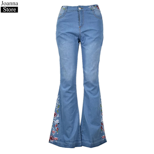 

women's jeans spring embroidery denim bell-bottom pants women mid waist flowers slim vintage autumn black plus size wild trousers femal, Blue