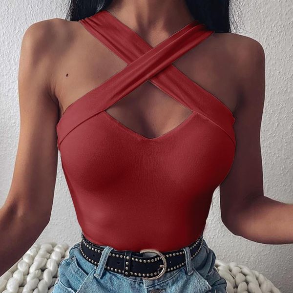 

women strappy cross crop over front cut out halter neck sleeveless bandage vest summer clothes yj, White