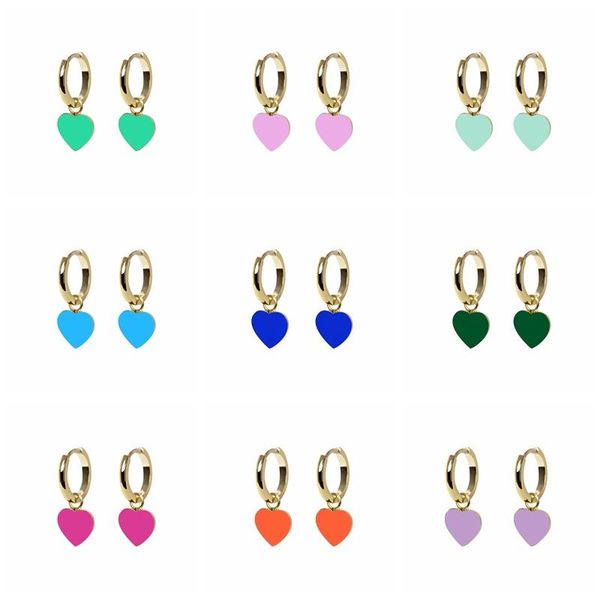

hoop & huggie mc enamel 925 sterling silver women earrings with colorful heart pendants real s925 plata ear hoops smooth minimalist pendient, Golden;silver