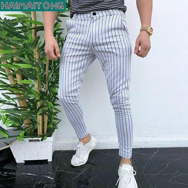 

fashion men's slim fit stripe business formal pants casual office skinny long straight joggers sweat pants trousers, Black