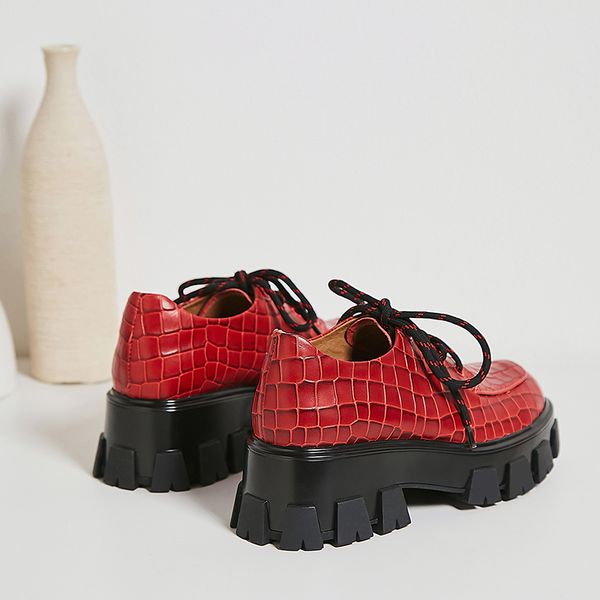 

Womens genuine leather Stone pattern lace-up flats thick sole platform female comfortable footwear high quality shoes for womenDress Shoes, Black