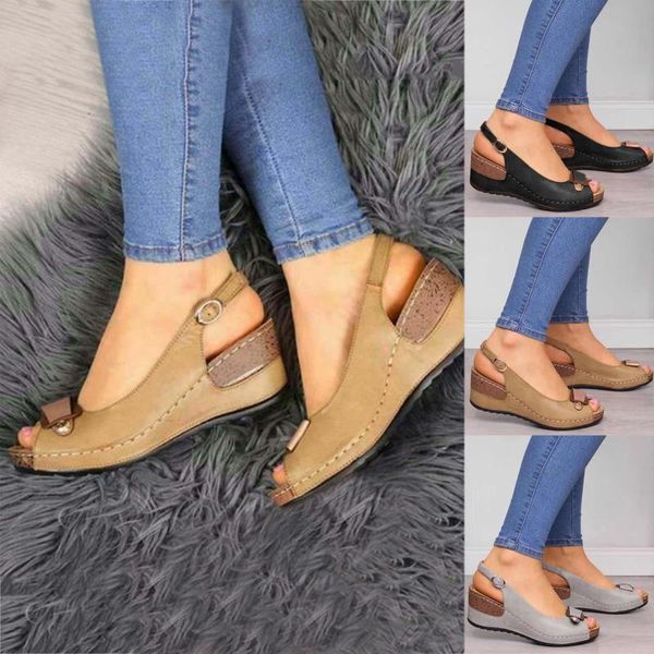 

sandals summer fashion casual women wear open toe fish mouth wedges slope heel breathable single comfort beach shoes plus size, Black