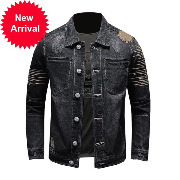 

european style embroidery bomber pilot tattered black denim jacket men jeans coat motorcycle casual outwear clothing overcoat, Black;brown