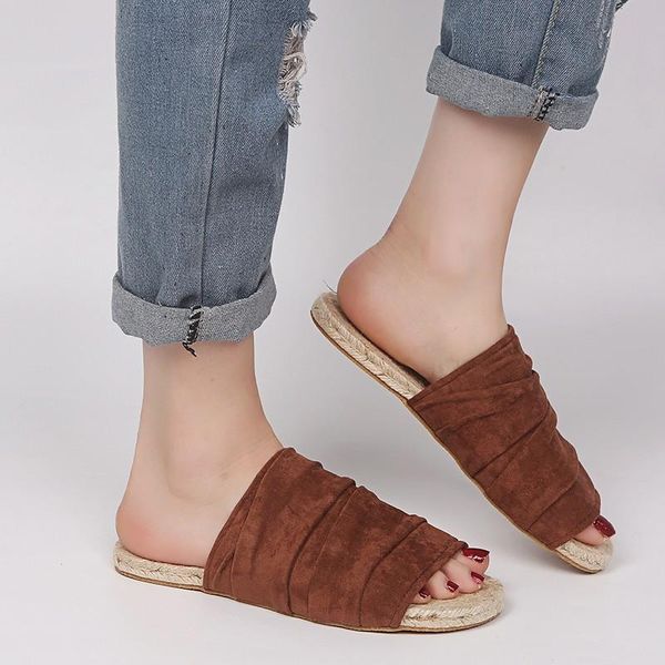 

slippers shoes women low flock ladies' big size soft flat fabric casual slides basic fretwork rubber leisure shoe, Black