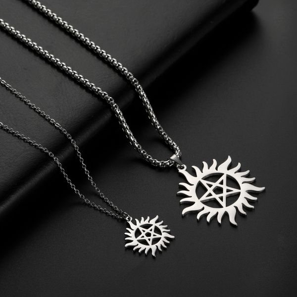 Skyrim Edelstahl Glänzende Sonne Pentagramm Anhänger Halskette Supernatural Dean Statement Box Kette Halsketten Schmuck Frauen Männer Y0301