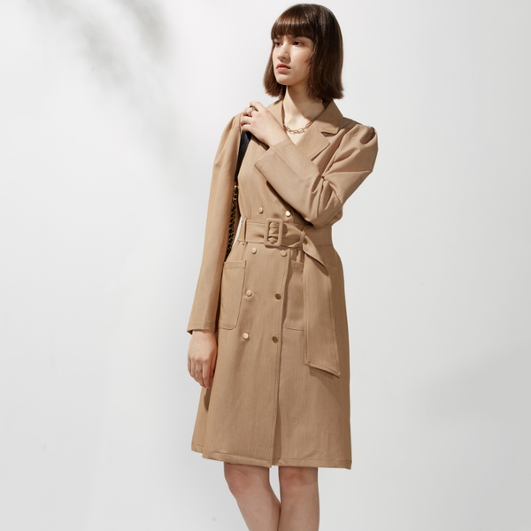 

2021 autumn women lacy back and sash doble breasted long coat korean style windbreaker lapel coat, Tan;black