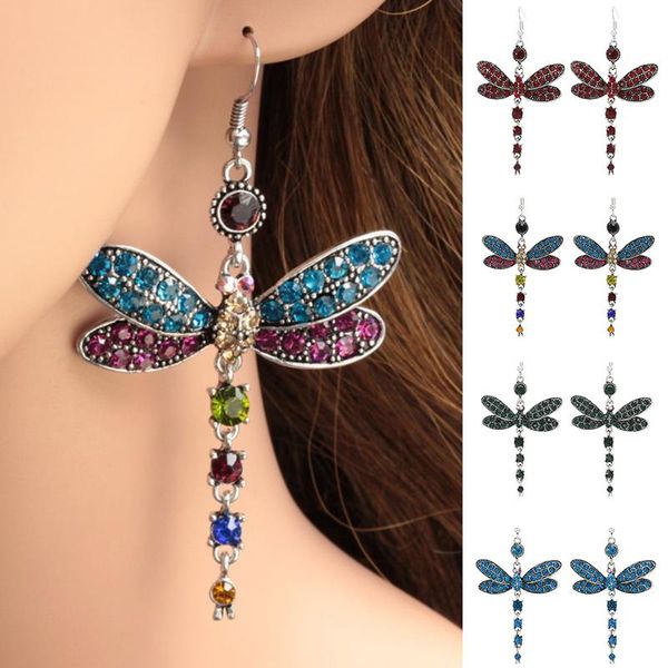 

dangle & chandelier vintage female bjg dragonfly crystal earrings boho rainbow blue green stone cute silver color drop for women