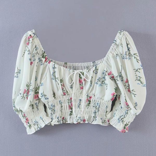 

women's t-shirt floral print smocked sleeve off shuolder bow shirring cute crop tee, White