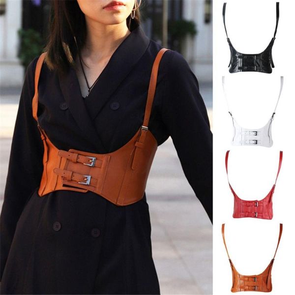 

belts women vintage gothic faux leather underbust corset crop solid color adjustable vest waist belt double buckle cincher, Black;brown