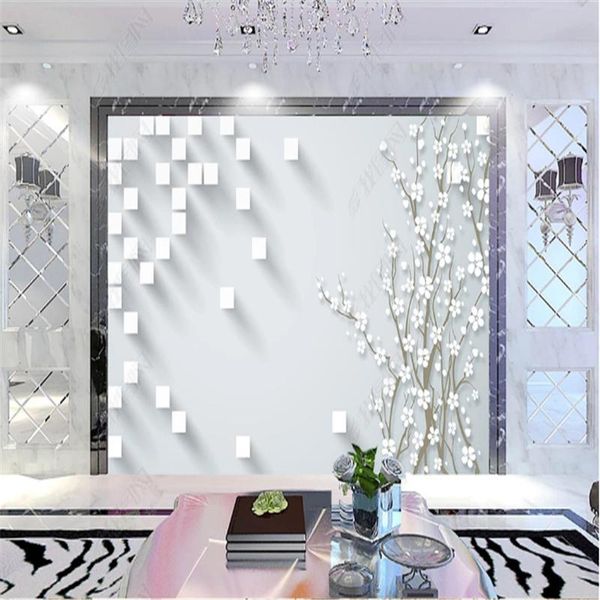 

mural wallpaper for living room three-dimensional square simple bedroom wallpapers european style plum tv background wall papers