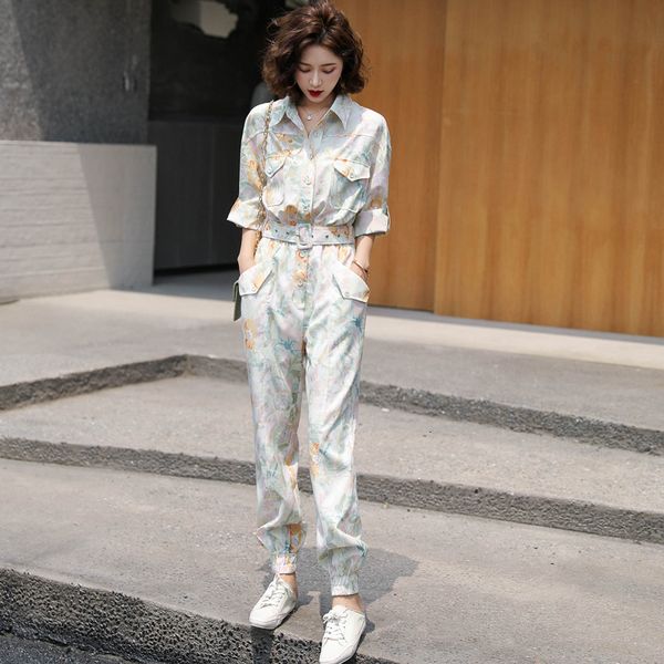 

2021 new autumn spring women belt tunic print jumpsuits female high waist harem trousers overalls romper holiday long playsuit w32m, Black;white