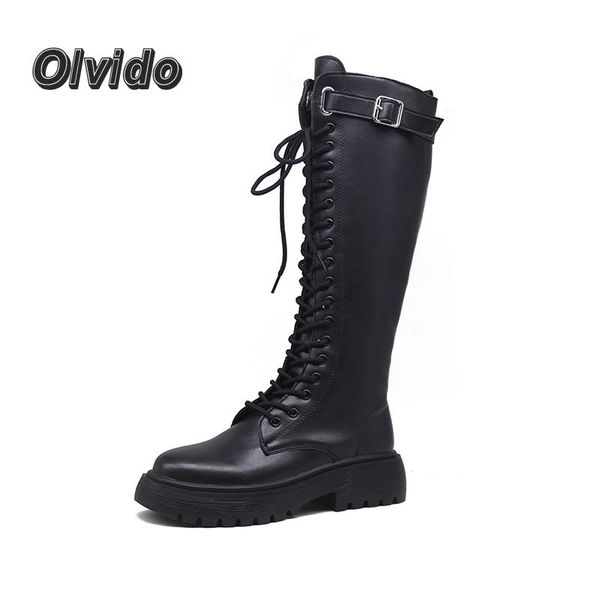

boots 2022 women black long motorcycle combat female white knee high lace-up cowboy ladies platform waterproof shoes