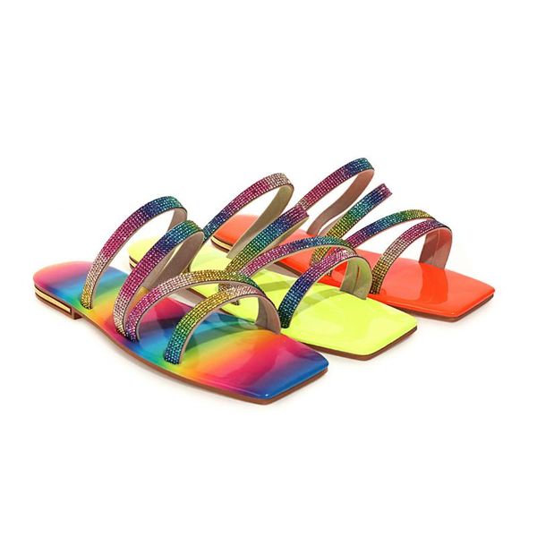 

slippers 2021 ladies summer outside rome modern for women flats synthetic leather rainbow strap square toe fashion, Black