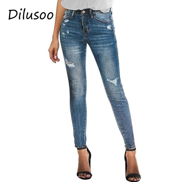 

women's jeans dilusoo women high waist pants elastic holes denim 4 season pencil woman ripped skinny casual female, Blue