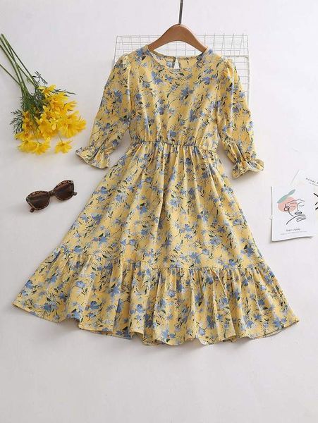 

girls floral print flounce sleeve ruffle hem dress she, Red;yellow