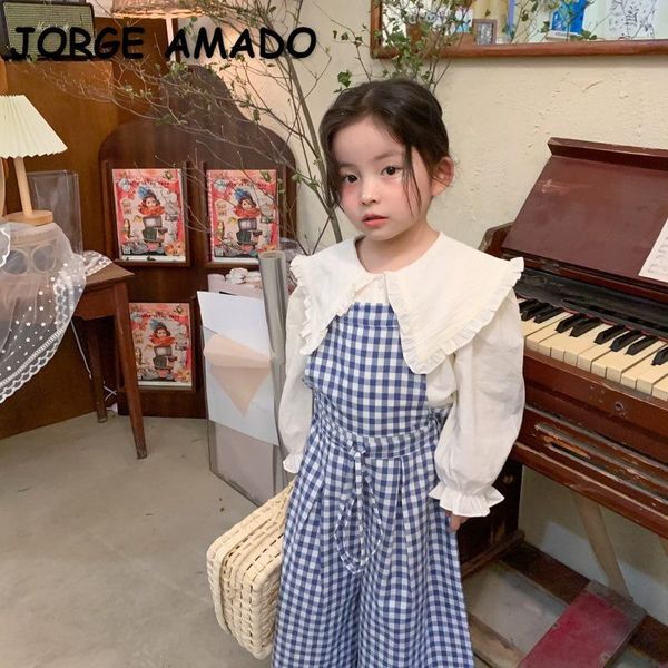 

jumpsuits wholesale 2021 spring korean style kids girls overalls sleeveless blue plaid sling pants with sashes clothes e633