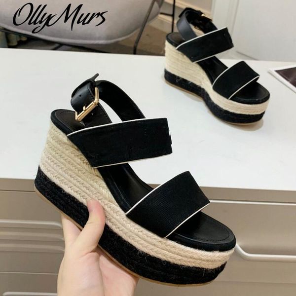 

sandals ollymurs wedges women canvas super high heels 10cm platform beach shoes summer design woman, Black